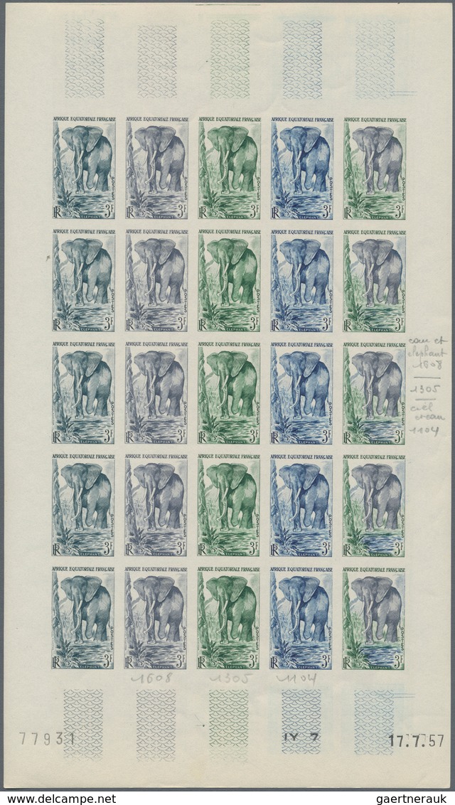 Französisch-Äquatorialafrika: 1951/1957, IMPERFORATE COLOUR PROOFS, MNH Collection Of 18 Complete Sh - Cartas & Documentos