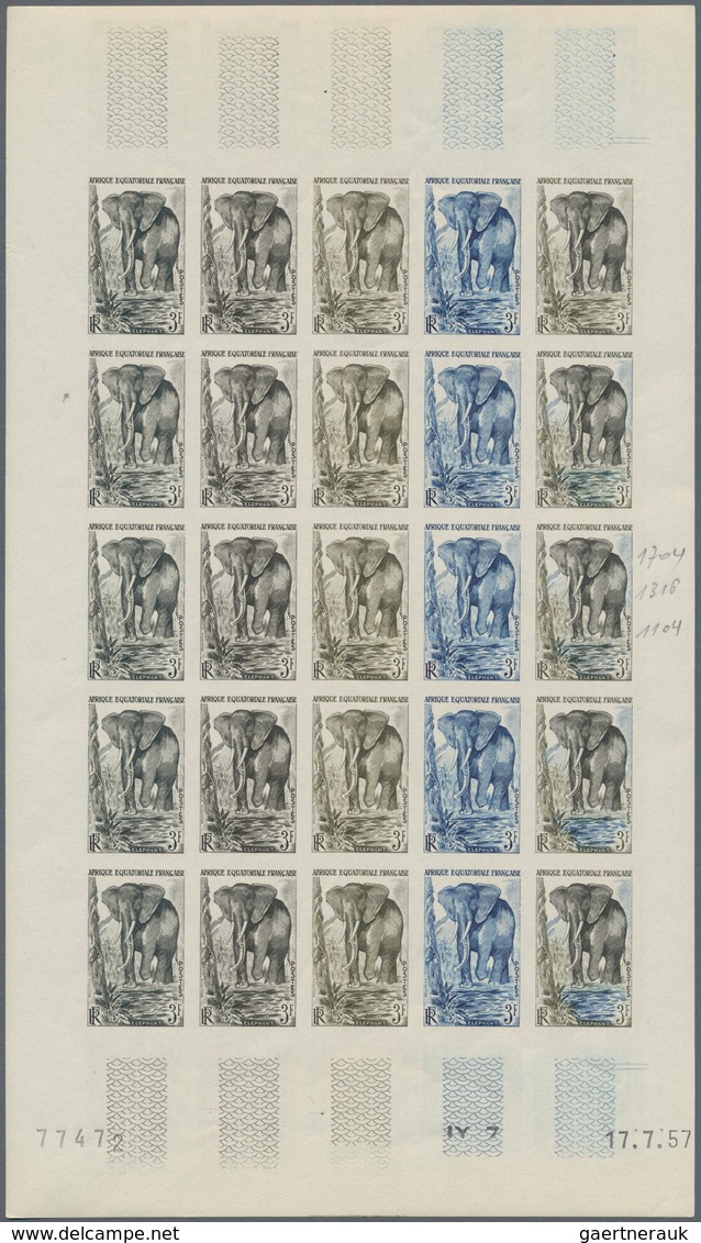 Französisch-Äquatorialafrika: 1951/1957, IMPERFORATE COLOUR PROOFS, MNH Collection Of 18 Complete Sh - Cartas & Documentos