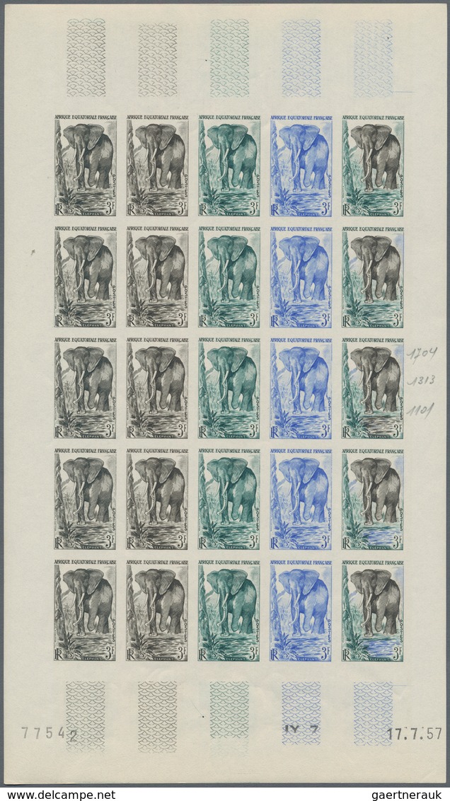 Französisch-Äquatorialafrika: 1951/1957, IMPERFORATE COLOUR PROOFS, MNH collection of 18 complete sh