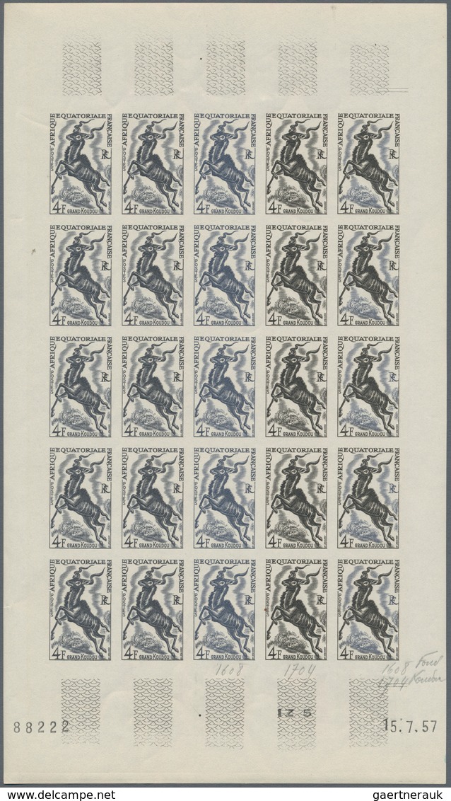 Französisch-Äquatorialafrika: 1951/1957, IMPERFORATE COLOUR PROOFS, MNH collection of 18 complete sh