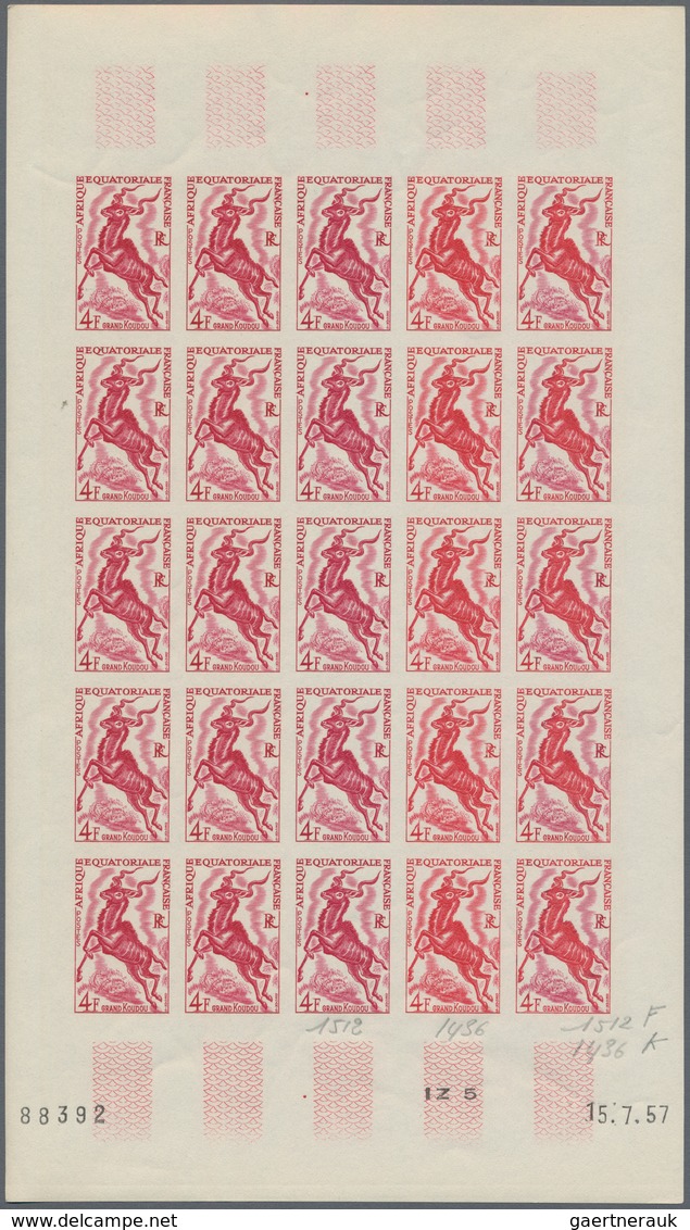 Französisch-Äquatorialafrika: 1951/1957, IMPERFORATE COLOUR PROOFS, MNH collection of 18 complete sh