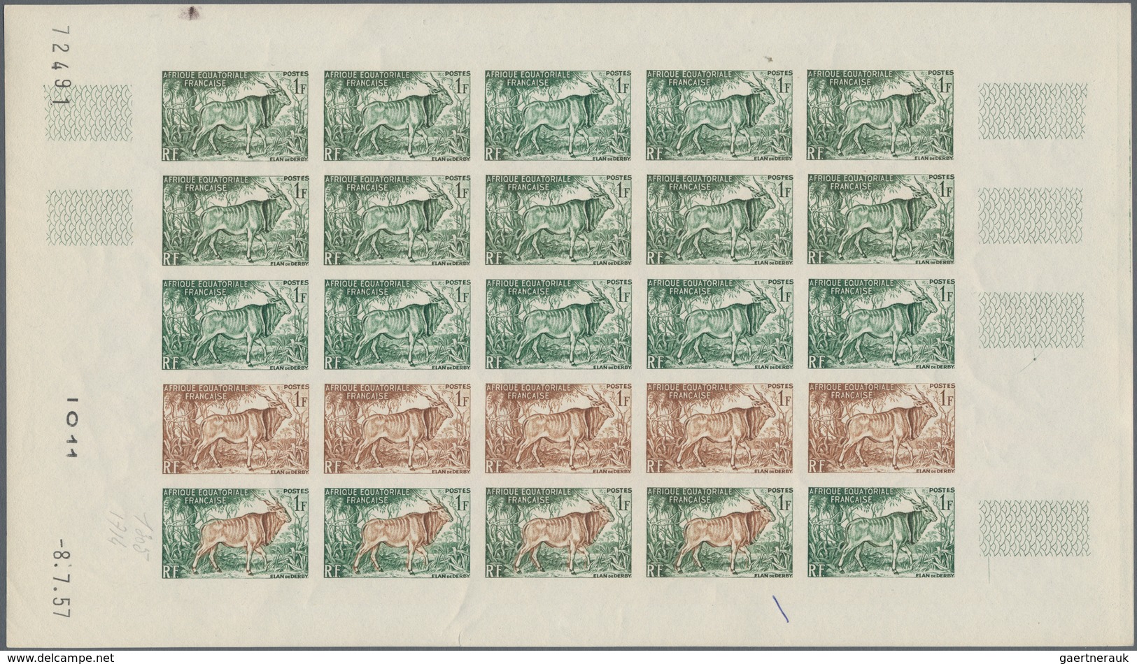 Französisch-Äquatorialafrika: 1951/1957, IMPERFORATE COLOUR PROOFS, MNH collection of 18 complete sh