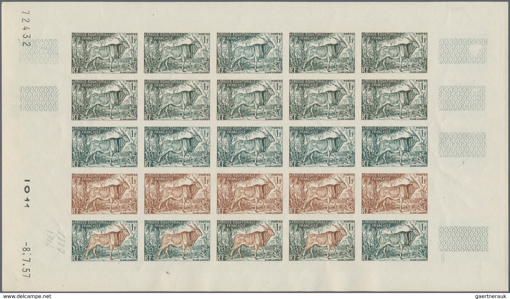 Französisch-Äquatorialafrika: 1951/1957, IMPERFORATE COLOUR PROOFS, MNH collection of 18 complete sh