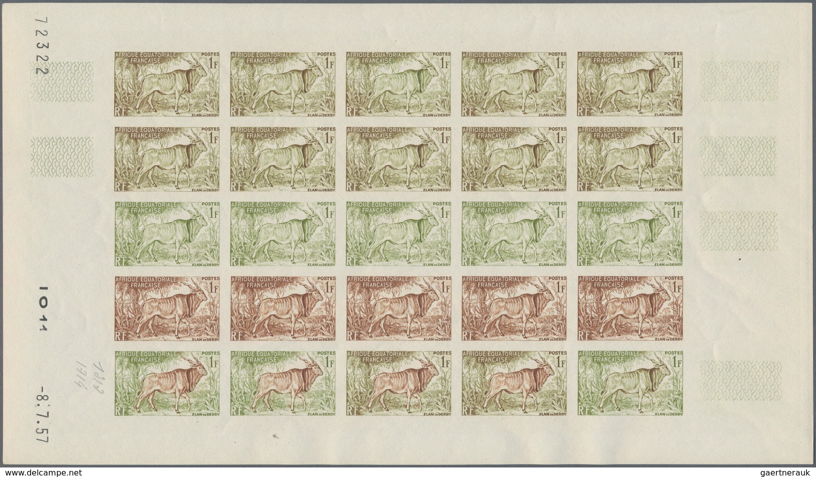 Französisch-Äquatorialafrika: 1951/1957, IMPERFORATE COLOUR PROOFS, MNH collection of 18 complete sh