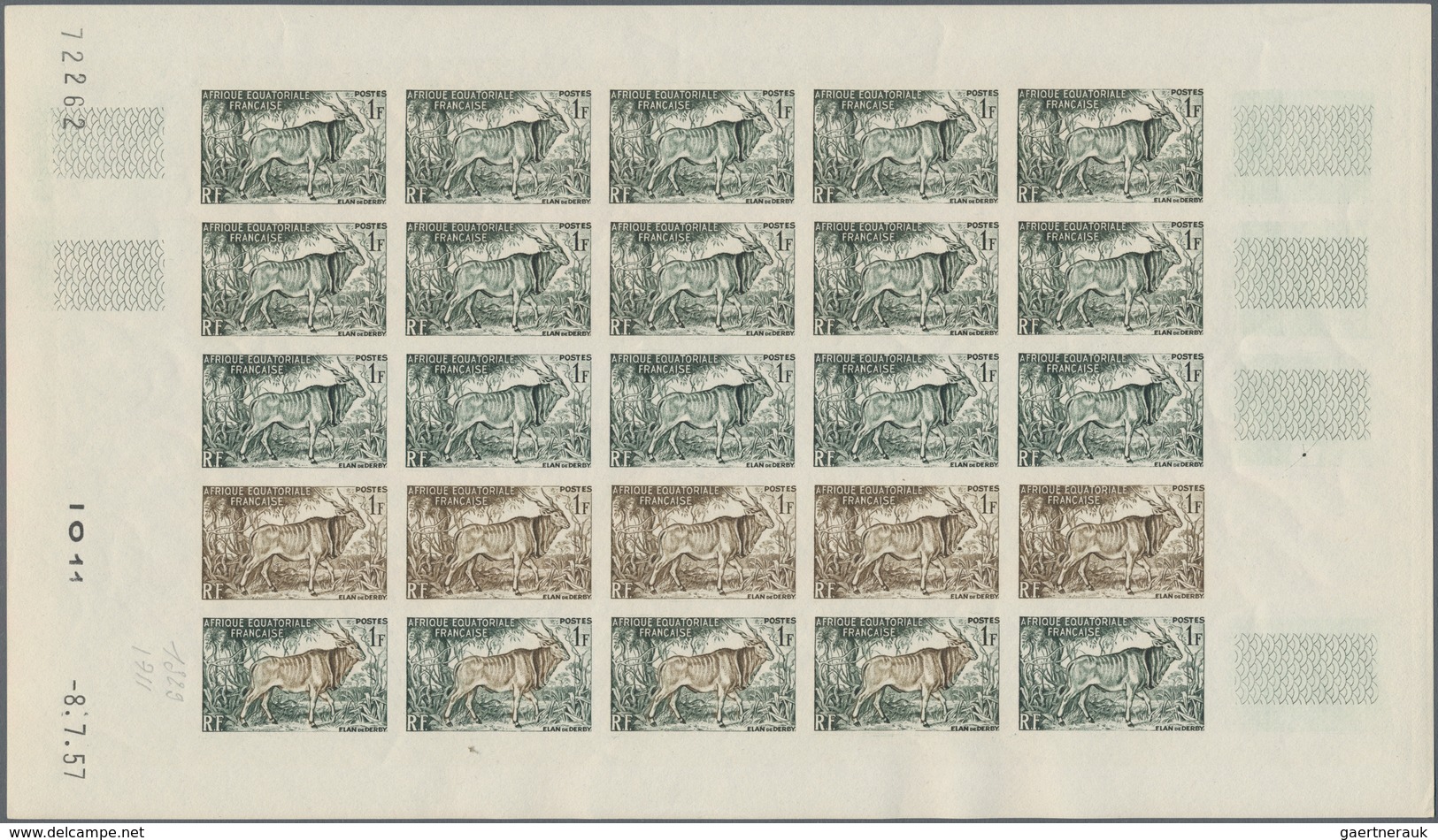 Französisch-Äquatorialafrika: 1951/1957, IMPERFORATE COLOUR PROOFS, MNH collection of 18 complete sh