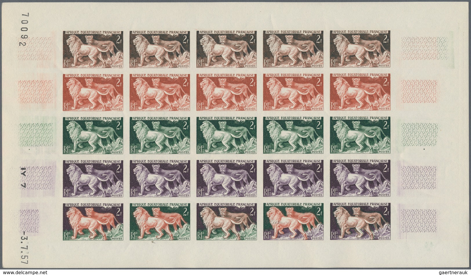 Französisch-Äquatorialafrika: 1951/1957, IMPERFORATE COLOUR PROOFS, MNH collection of 18 complete sh