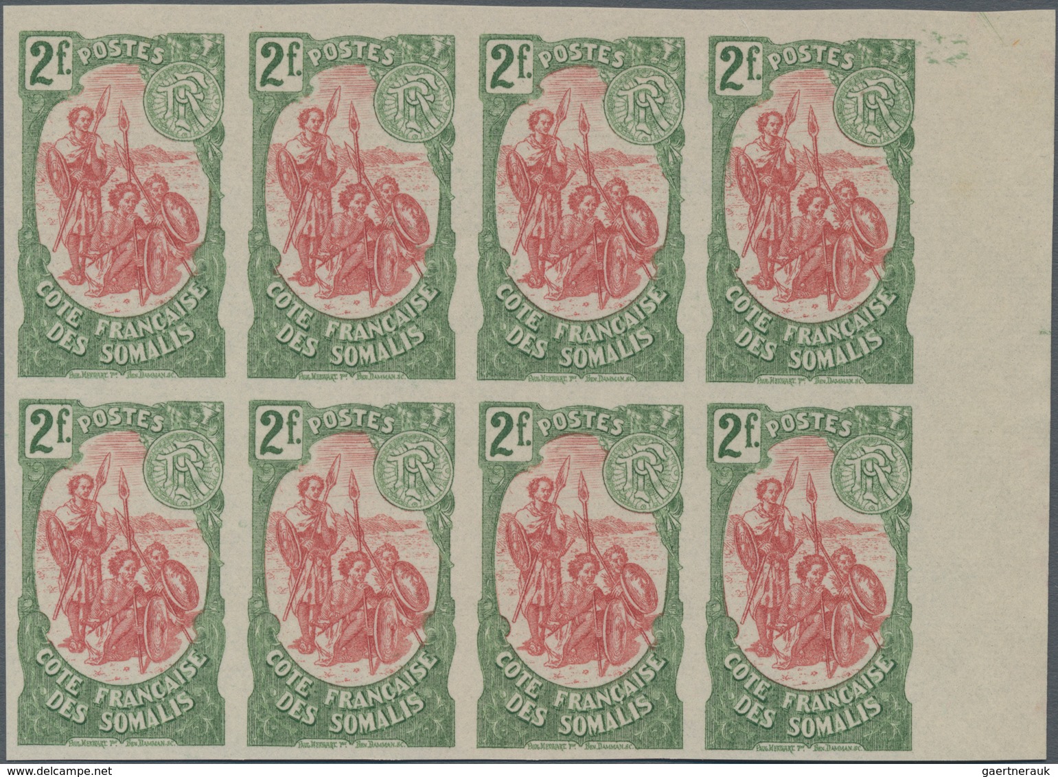 Französische Somaliküste: 1902, Definitive Issue ‚Somali Warrior‘ 2fr. Green/carmine In A Lot With 4 - Usados