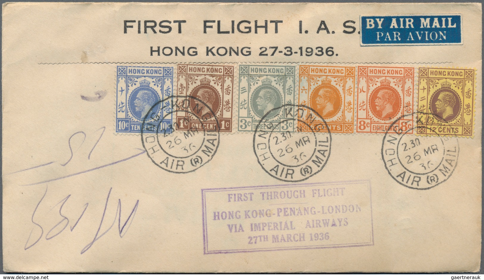 Hongkong - Besonderheiten: 1936/37, Hong Kong-Penang-London FFC First Thru-flight By IAS (2, Registe - Sonstige & Ohne Zuordnung