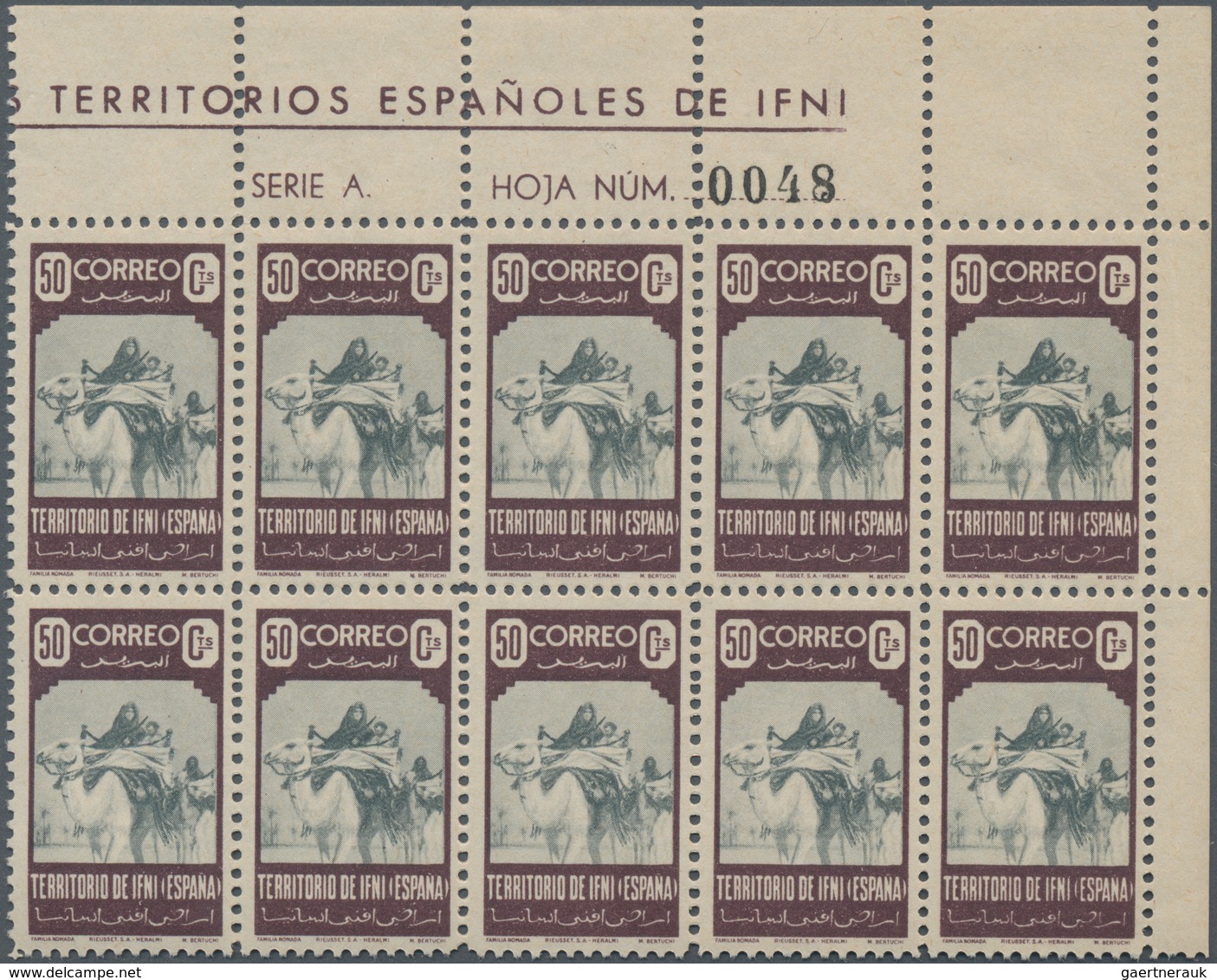 Ifni: 1947, Definitive Issue 50c. Brown/grey ‚Nomads Family‘ In A Lot With 200 Stamps Mostly In Bloc - Ifni