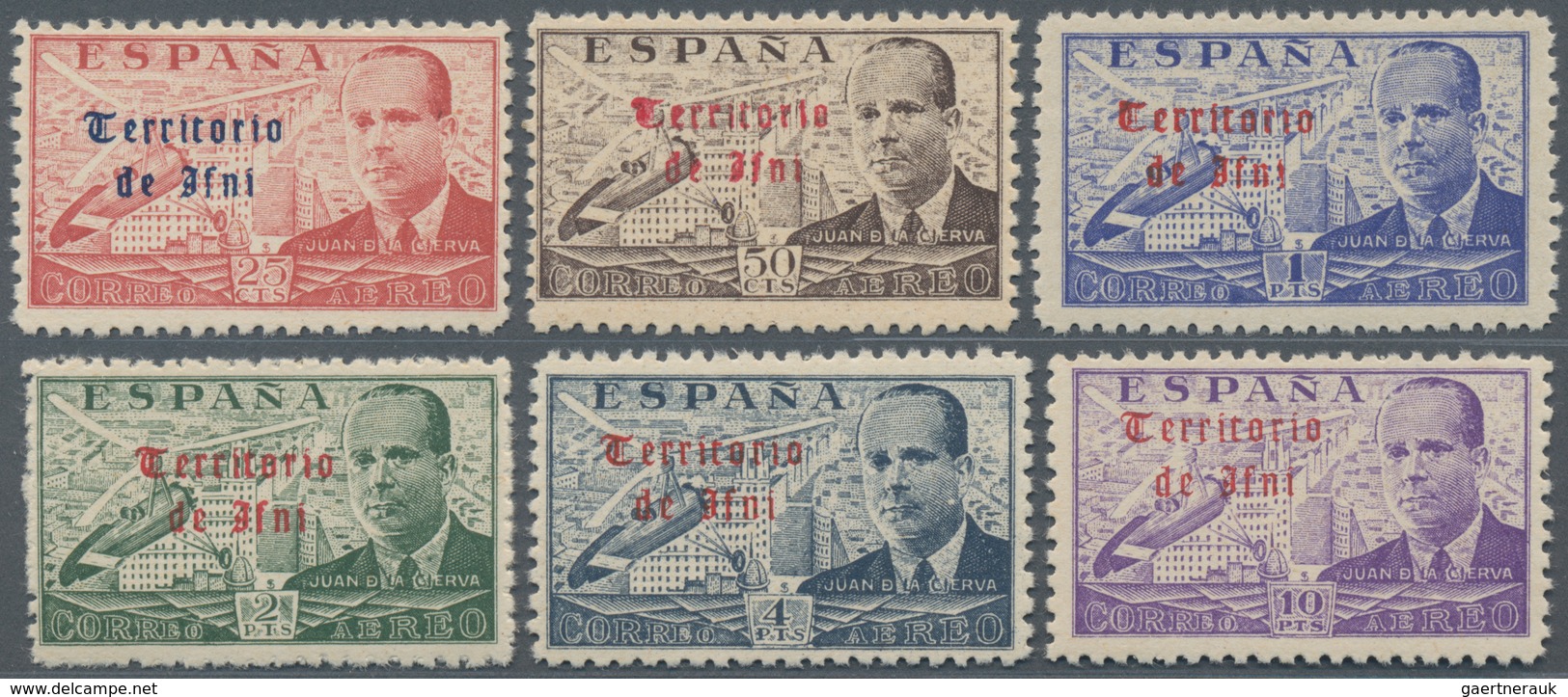 Ifni: 1950, Airmail Issue ‚Juan De La Cierva Y Codorniu‘ With Red Or Blue Opt. ‚Territorio De Ifni.‘ - Ifni