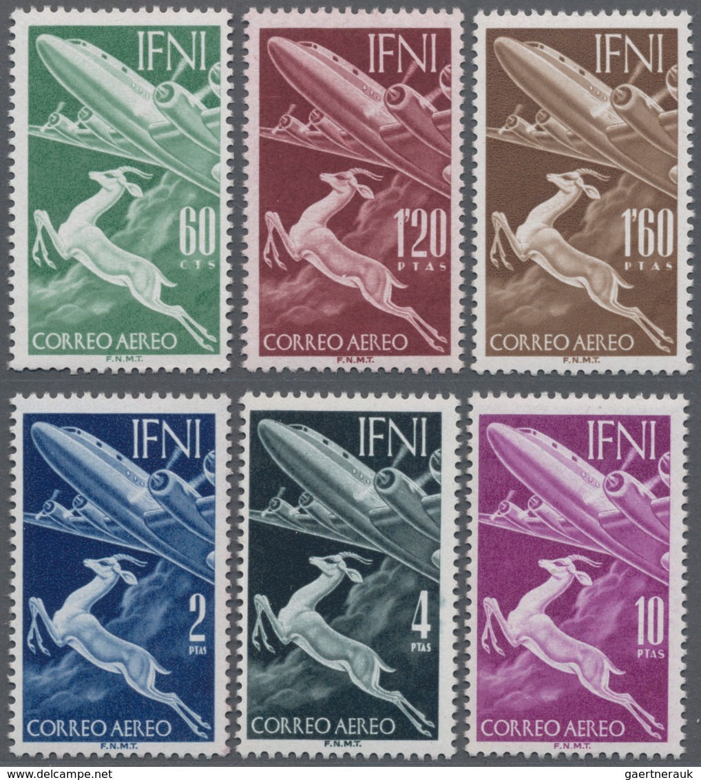 Ifni: 1953, Airmail Issue ‚Airplane Over Gazelle‘ Complete Set Of Six In A Lot With About 140 Sets M - Ifni