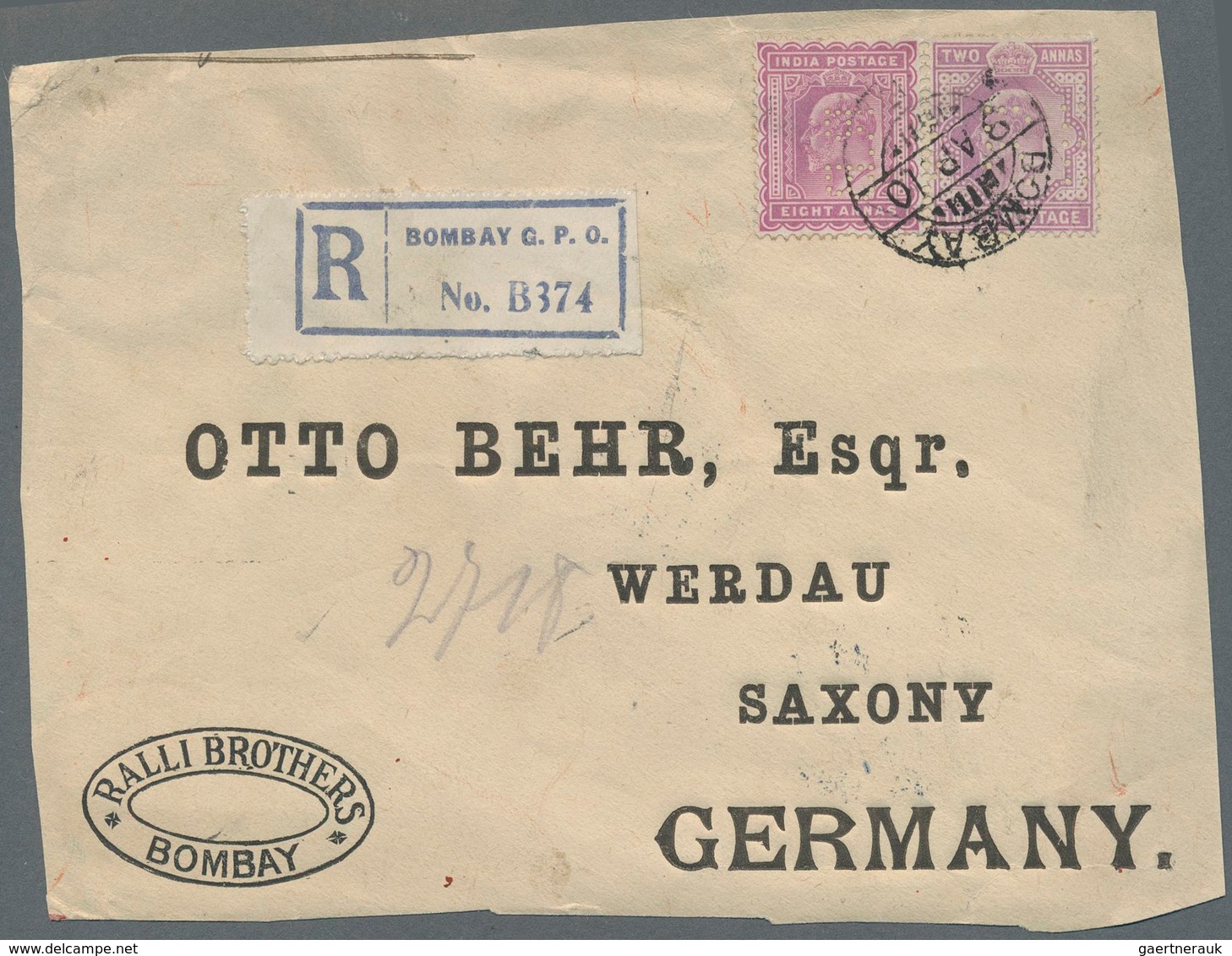 Indien: 1895-1920's PERFINS: Ten Covers, Postal Stationery Envelopes, Wrapper And Receipt All Bearin - 1854 East India Company Administration