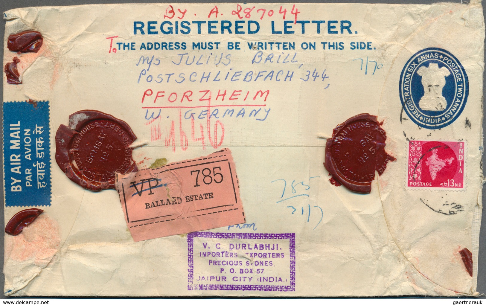 Indien - Ganzsachen: 1954/1961, Group Of Nine Uprated Registered Stationery Envelopes 6a. Blue (6), - Ohne Zuordnung