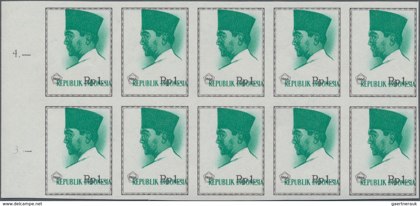 Indonesien: 1966, President Sukarno 1rp. Brown/green Lot With 30 IMPERFORATE Stamps In Three Blocks - Indonesien