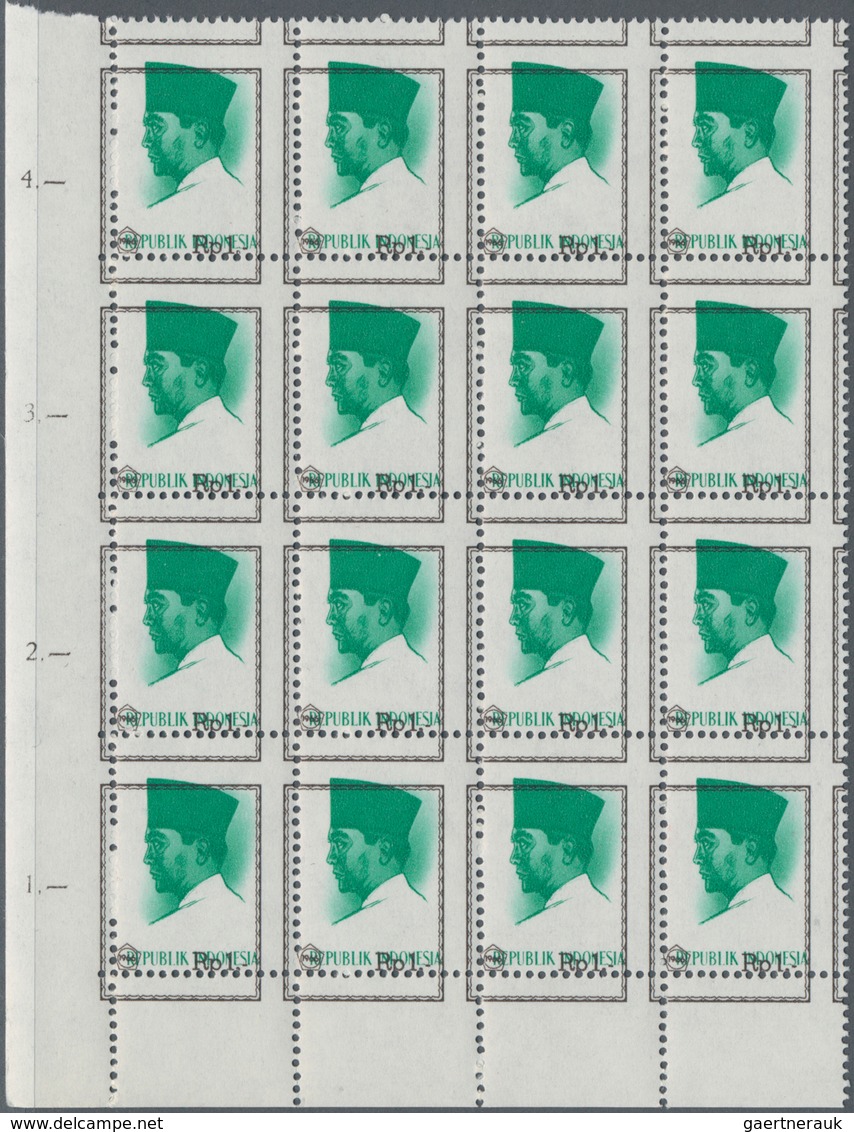 Indonesien: 1966, President Sukarno 1rp. Brown/green Lot With About 15.000 (!) Stamps Mostly In Fold - Indonesien