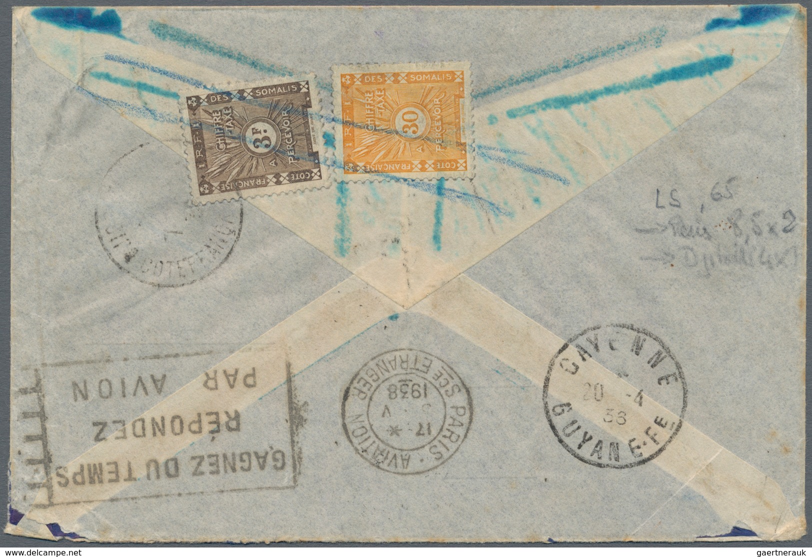 Inini: 1938, Printed Airmail Envelope Used From St. Elle, Inini To Djibouti, French Somali Coast Via - Briefe U. Dokumente