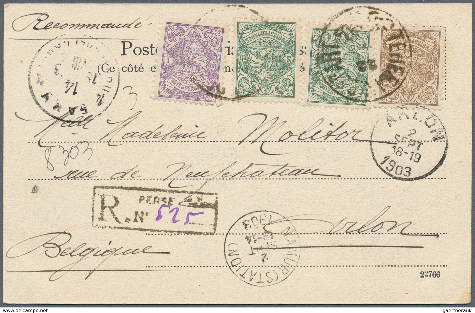 Iran: 1903/1904, Lot Of Seven Ppc With Attractive Frankings, All Registered Mail To Arlon/Belgium (6 - Irán