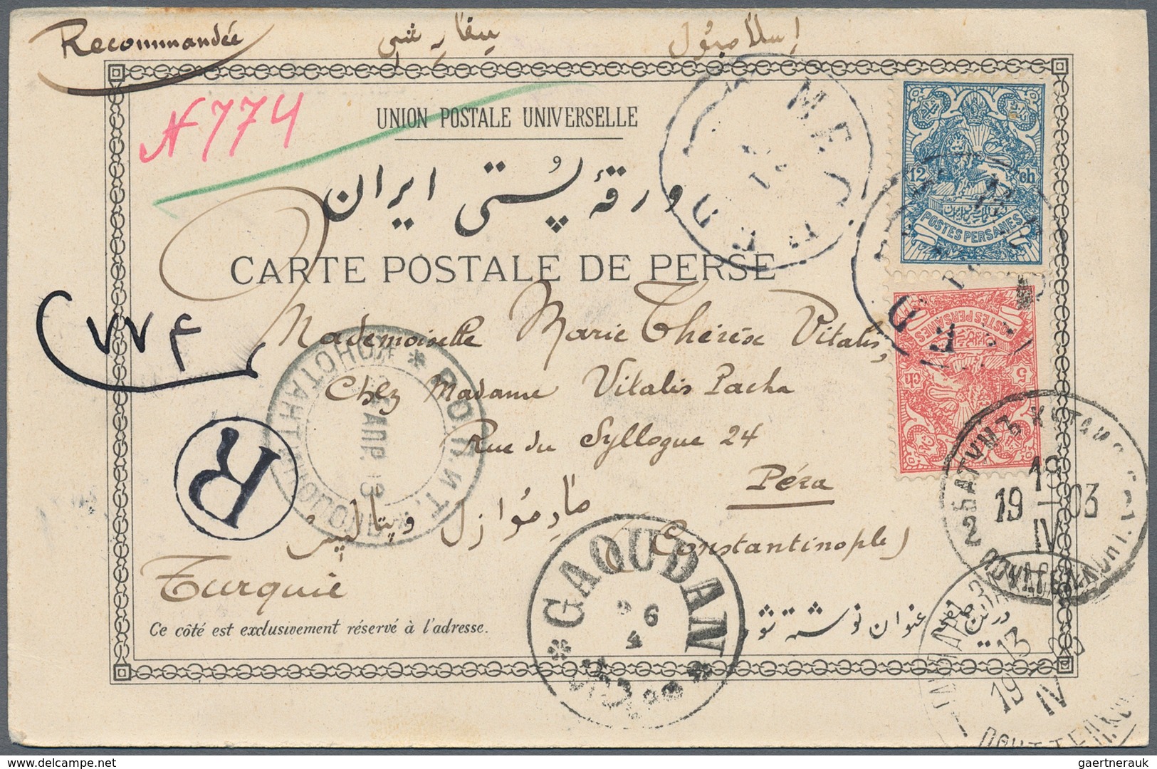 Iran: 1903/1904, Lot Of Seven Ppc With Attractive Frankings, All Registered Mail To Arlon/Belgium (6 - Irán