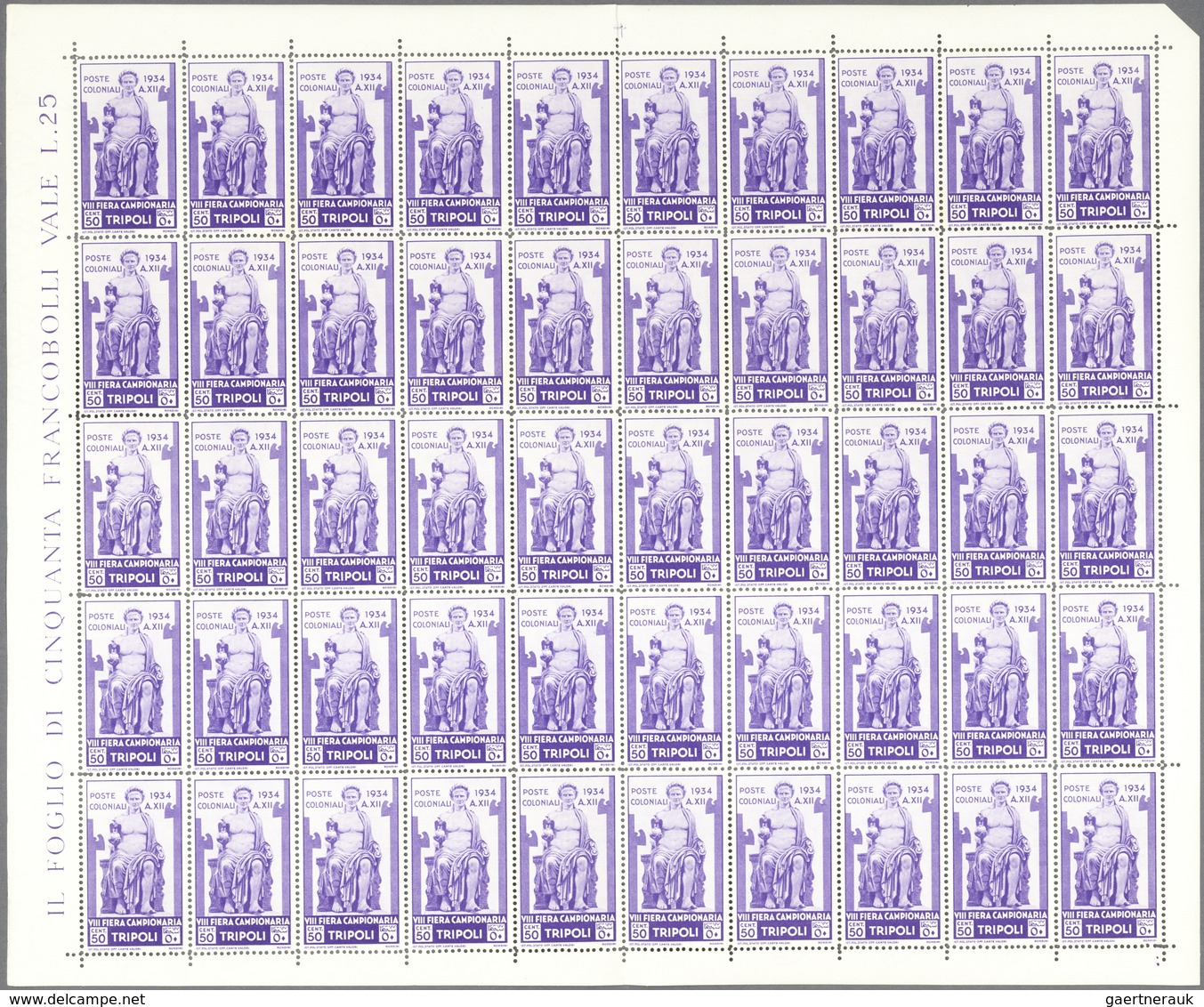 Italienisch-Libyen: 1934, 8th Tripoli Fair, Surface Mail Stamps 10c.-1.25l., 50 Complete Sets Within - Libia