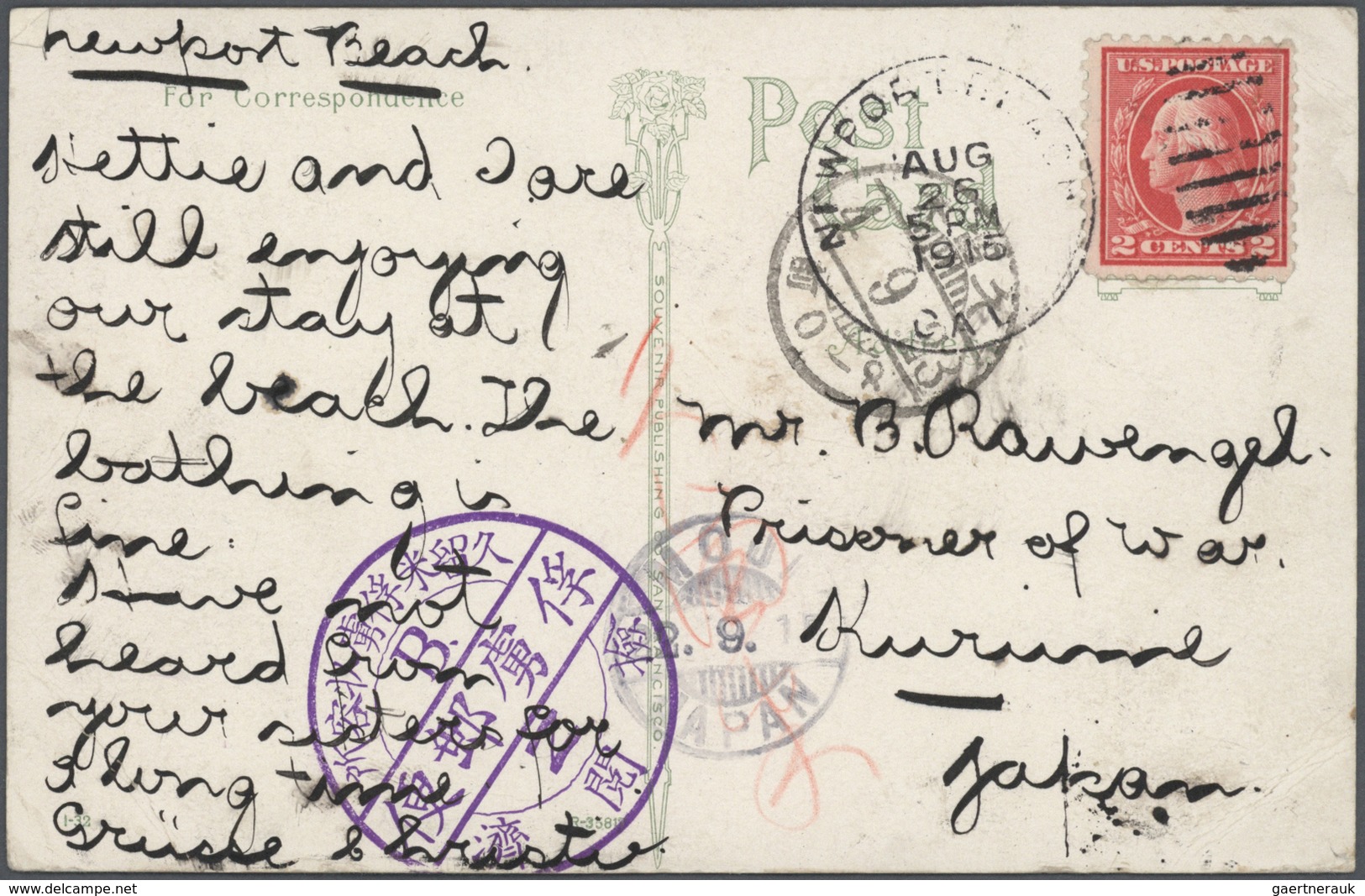 Lagerpost Tsingtau: Kurume, 1915/19, The Bruno Rawengel (rank: Marine Oberzahlmeister) Correspondenc - Chine (bureaux)