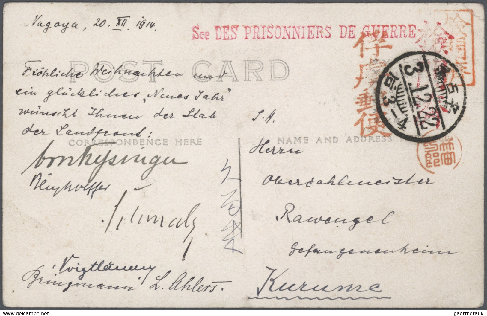 Lagerpost Tsingtau: Kurume, 1915/19, the Bruno Rawengel (rank: Marine Oberzahlmeister) correspondenc