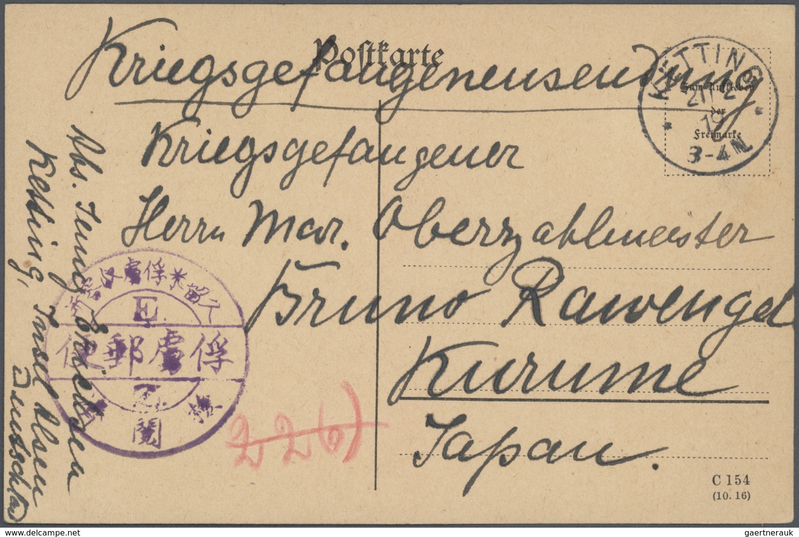 Lagerpost Tsingtau: Kurume, 1915/19, the Bruno Rawengel (rank: Marine Oberzahlmeister) correspondenc