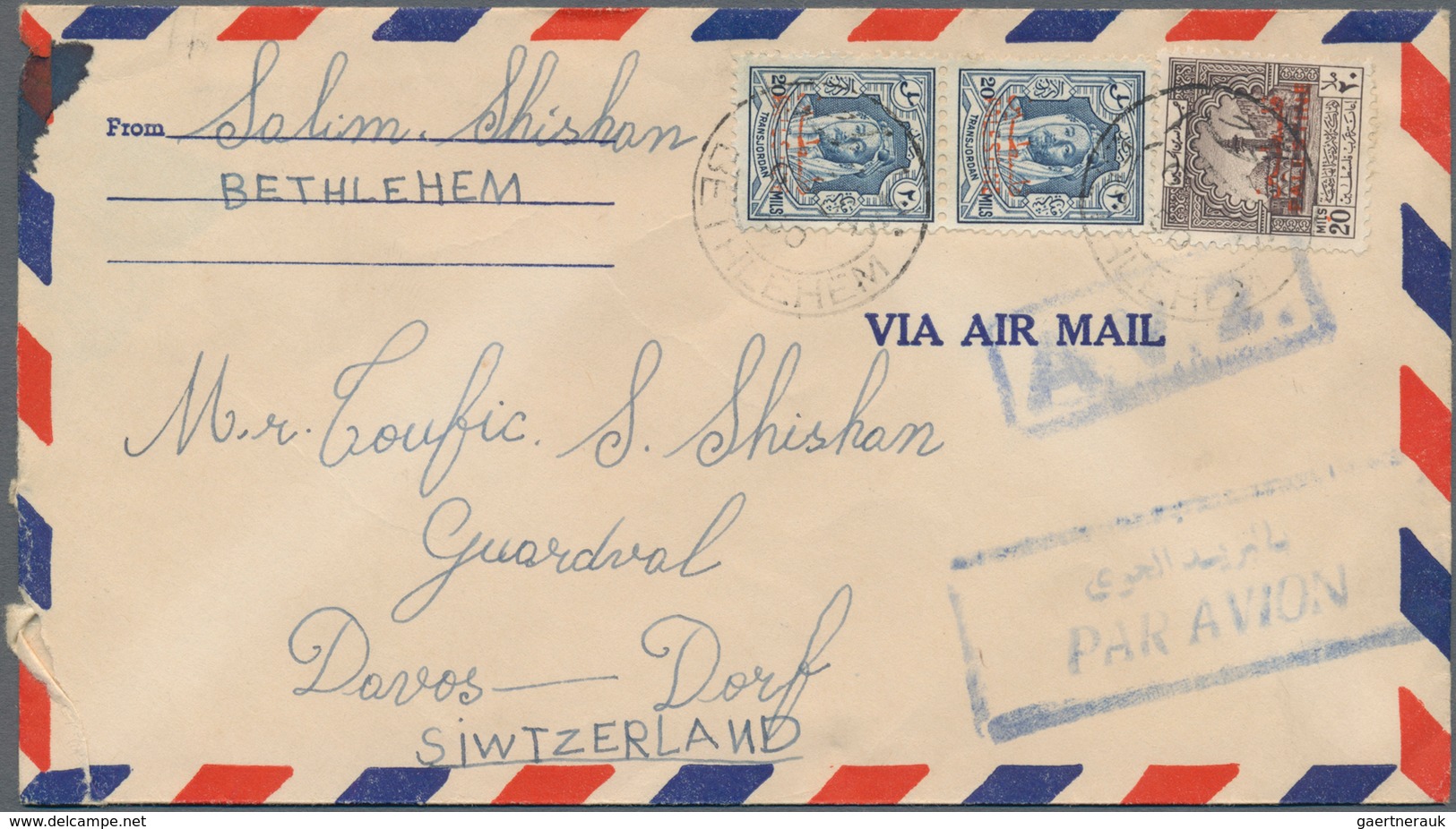 Jordanische Besetzung Palästina: 1950, correspondence of covers (10, 9 by airmail) from "BETHLEHEM"