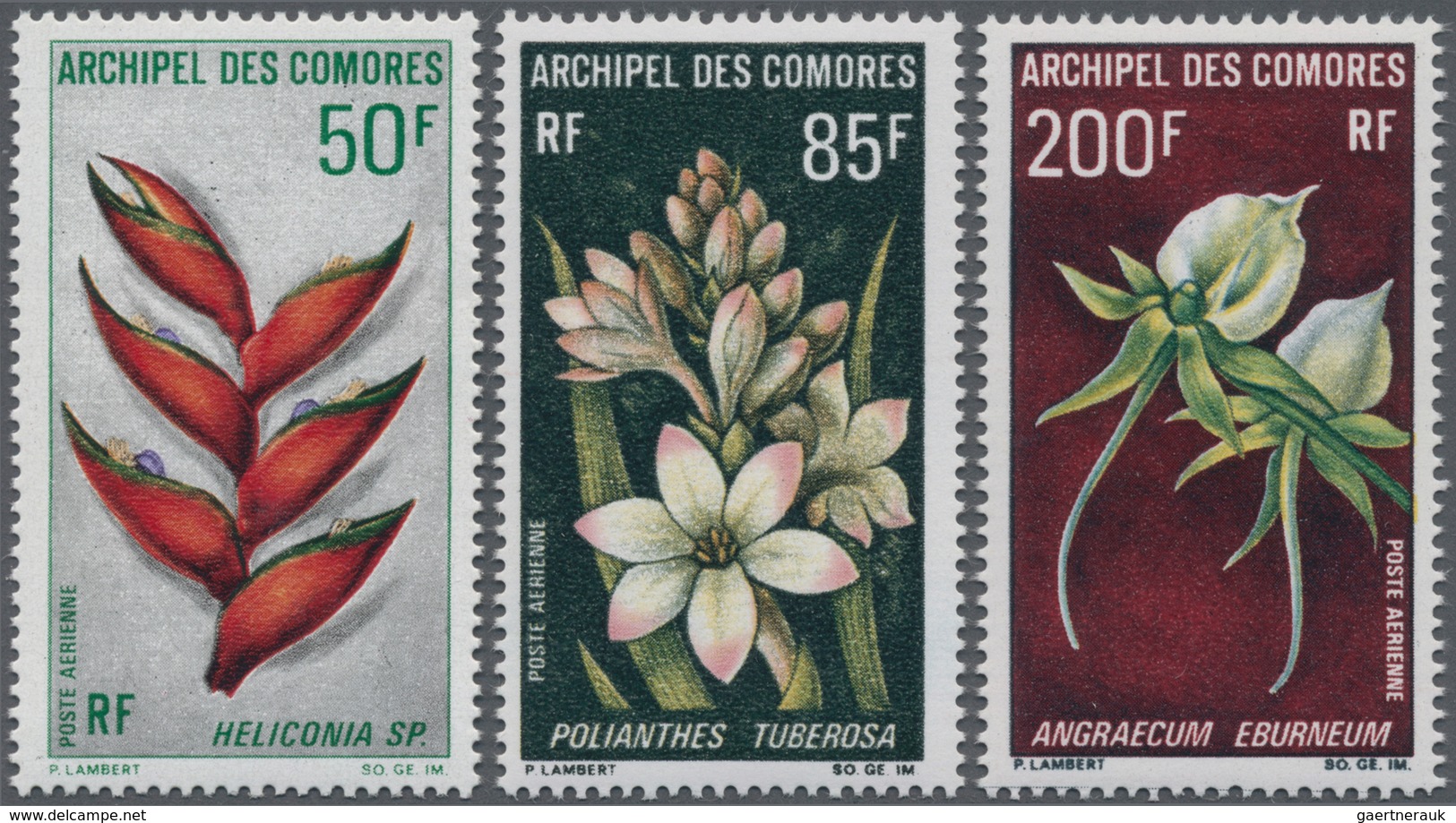Komoren: 1969, Flowers Airmail Stamps 50fr. ‚Heliconia Humilis‘, 85fr. ‚Polianthes Tuberosa‘ And 200 - Isole Comore (1975-...)
