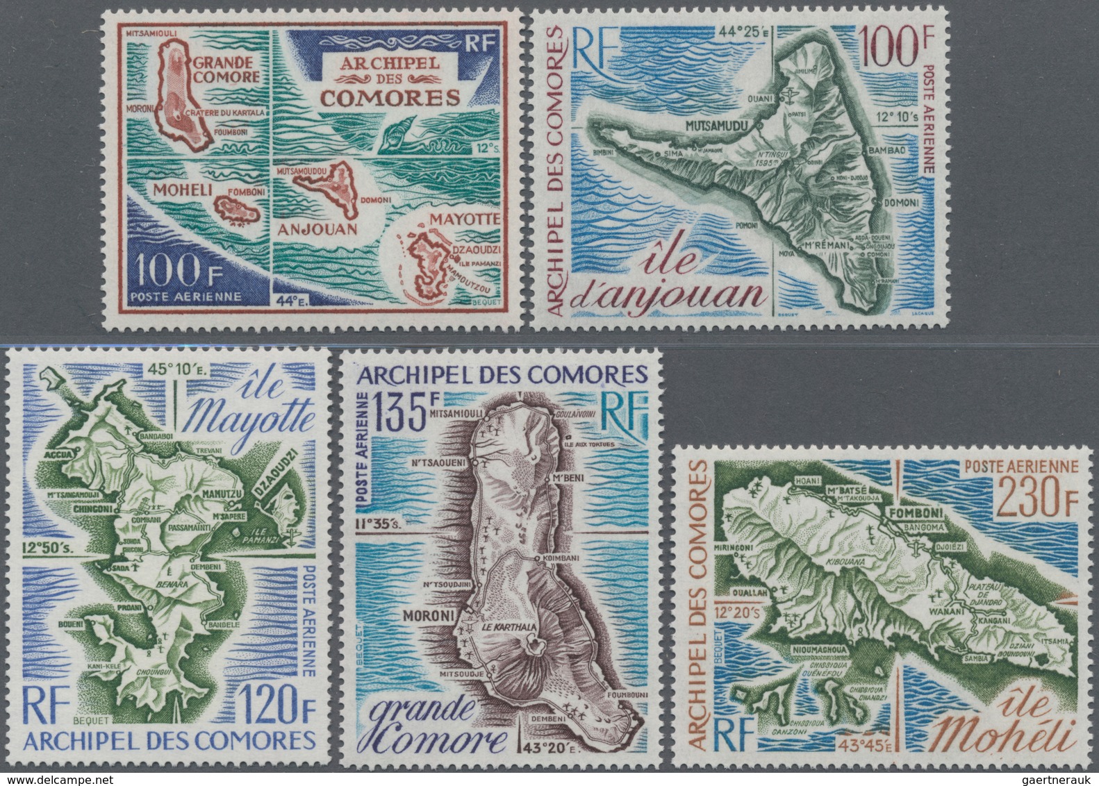 Komoren: 1971/1975, Maps ‚set‘ Of Five Incl. 100fr. Archipelago Of Comores, 100fr. Anjouan, 120fr. M - Comores (1975-...)