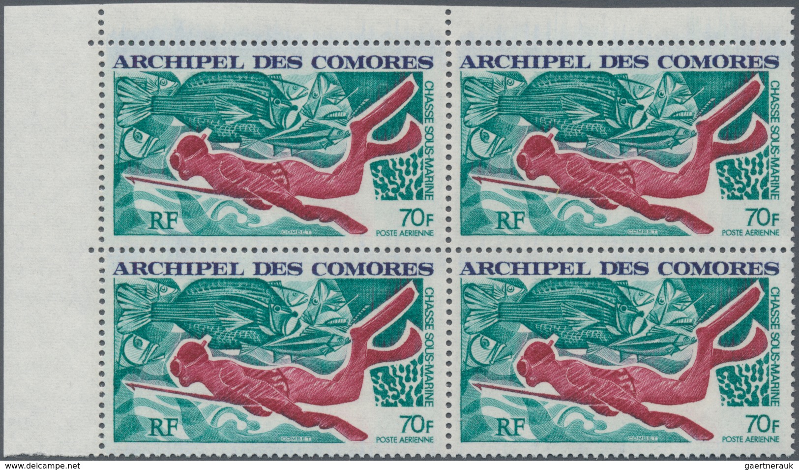 Komoren: 1972, Underwater Fishing 70fr. ‚diver With Harpoon And Fishes‘ In A Lot With About 1.700 St - Comores (1975-...)