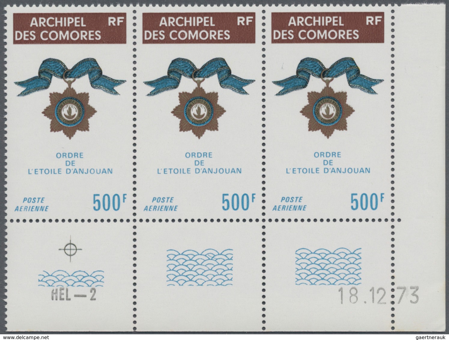 Komoren: 1974, Medal ‚Star Of Anjouan‘ 500fr. In A Lot With About 350 Stamps Mostly In Larger Blocks - Komoren (1975-...)