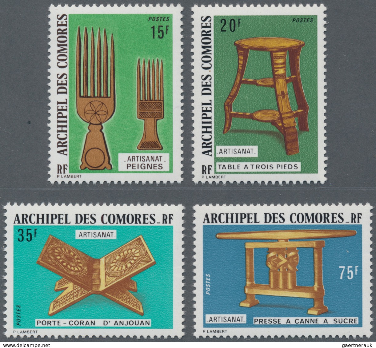 Komoren: 1974, Wooden Arts And Crafts Complete Set Of Four (comb, Three-legged Table, Koran Book Rac - Comores (1975-...)