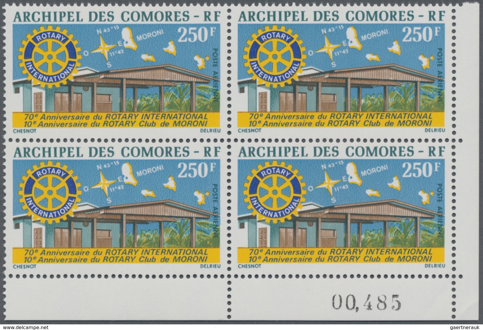 Komoren: 1975, 70 Years Rotary International And 10 Years Rotary-Club Of Moroni 250fr. In A Lot With - Comores (1975-...)