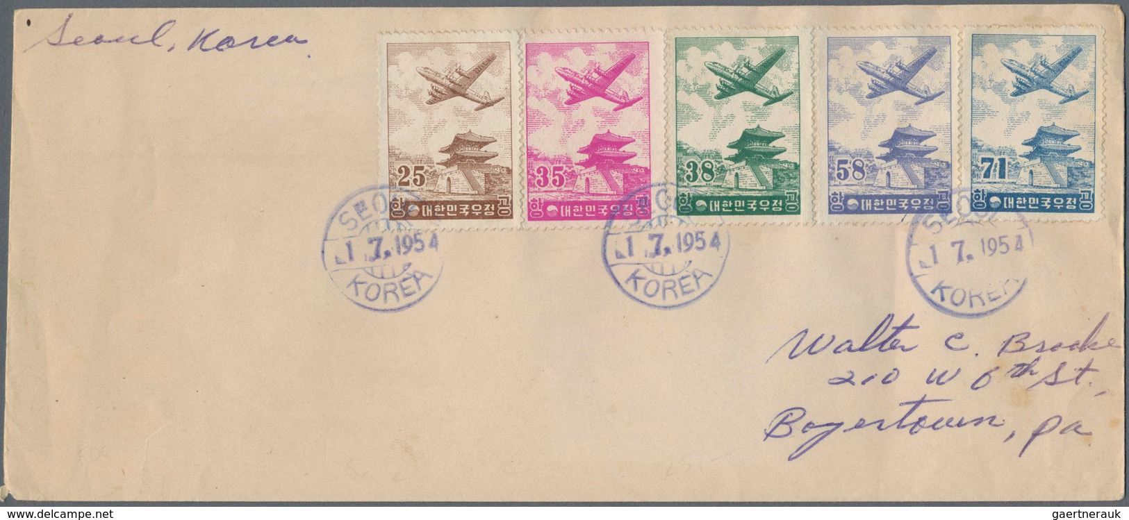 Korea-Süd: 1951/63 (ca.), covers (22) resp. used ppc (1) all to foreign and mostly airmail and inc.