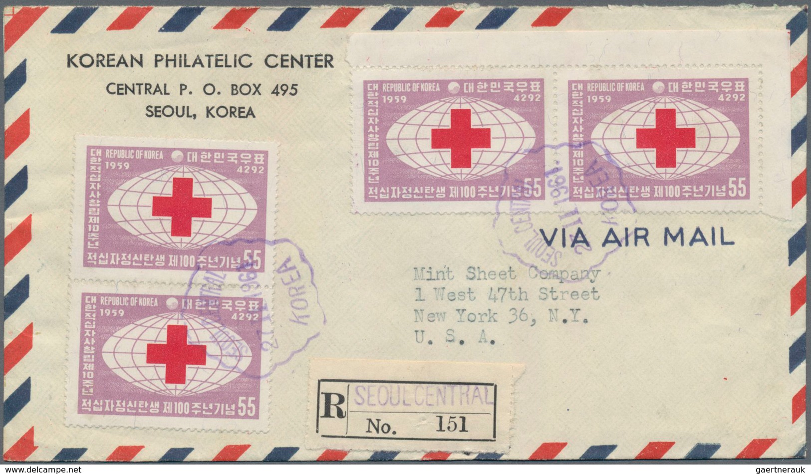 Korea-Süd: 1951/63 (ca.), covers (22) resp. used ppc (1) all to foreign and mostly airmail and inc.