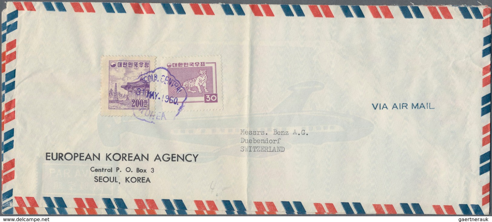 Korea-Süd: 1951/63 (ca.), covers (22) resp. used ppc (1) all to foreign and mostly airmail and inc.