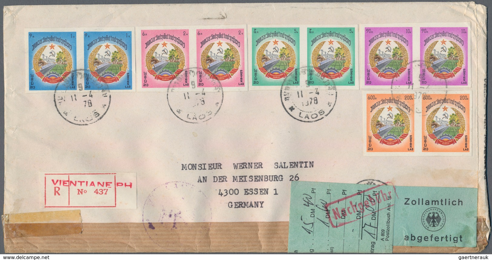 Laos: 1976, 1st Anniversary of People's Republic, group of nine covers: imperf. set on cacheted f.d.
