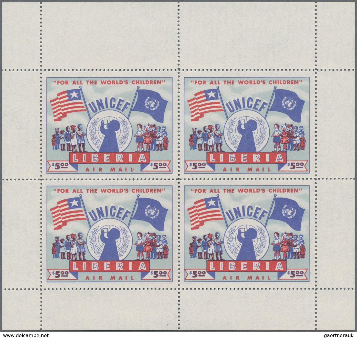 Liberia: 1954, UNICEF 5$ Red/blue (51 X 39 Mm) In A Lot With About 90 Complete Sheetlets Incl. 75 X - Liberia