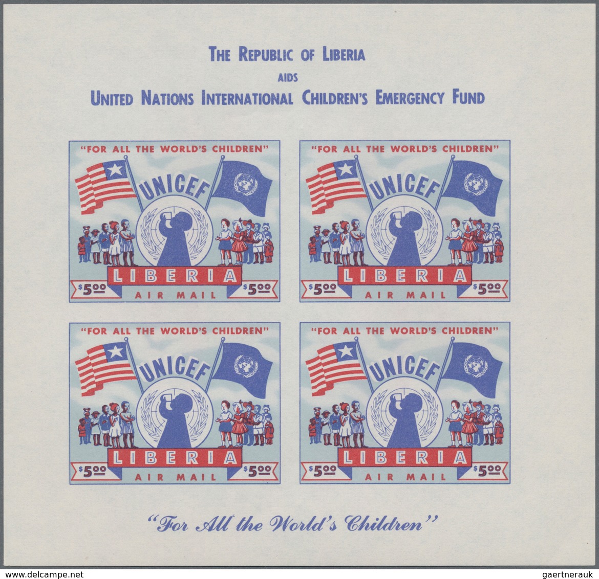 Liberia: 1954, UNICEF 5$ Red/blue (51 X 39 Mm) In A Lot With About 90 Complete Sheetlets Incl. 75 X - Liberia