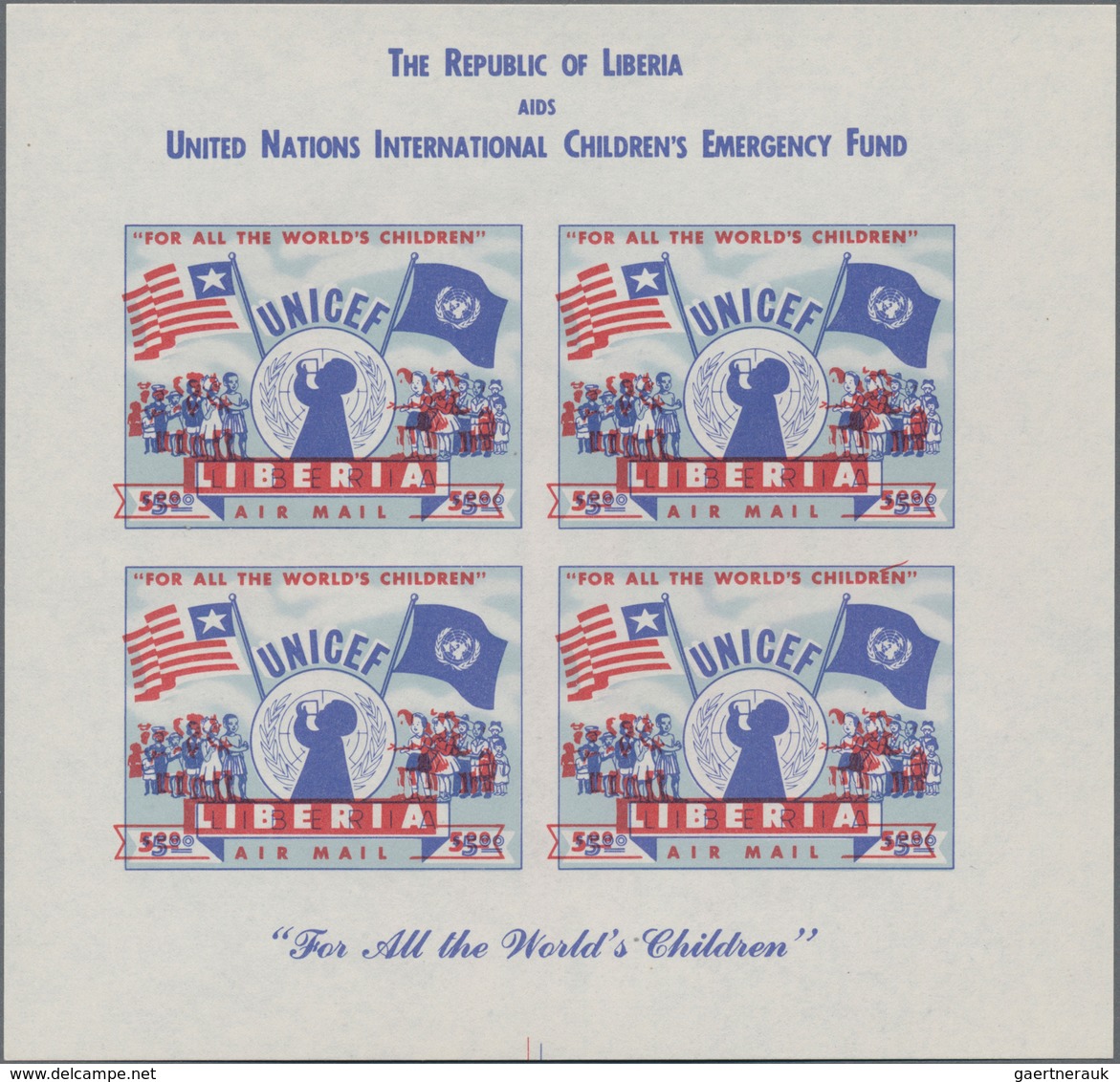 Liberia: 1954, UNICEF 5$ Red/blue (51 X 39 Mm) In A Lot With About 90 Complete Sheetlets Incl. 75 X - Liberia