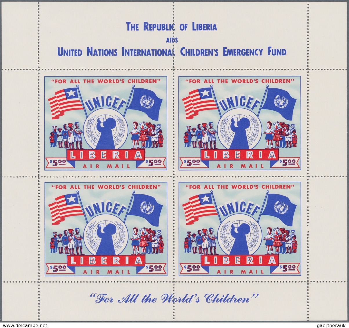 Liberia: 1954, UNICEF 5$ Red/blue (63 X 49 Mm) In A Lot With About 175 Complete Sheetlets With Four - Liberia
