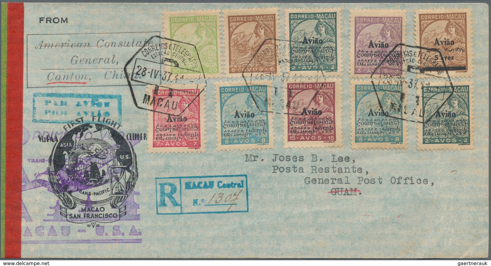 Macau: 1937, 28 Apr, Lot Of Two Cacheted 1st Flight Covers: Macau-Manila And Macau-Canton-Guam. - Usados