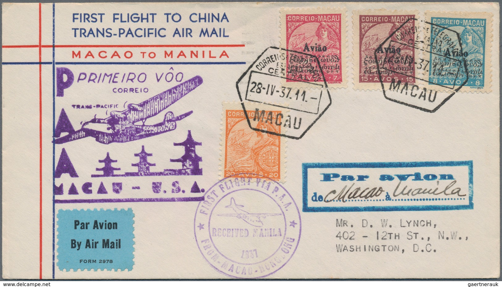 Macau: 1937, 28 Apr, Lot Of Two Cacheted 1st Flight Covers: Macau-Manila And Macau-Canton-Guam. - Usados