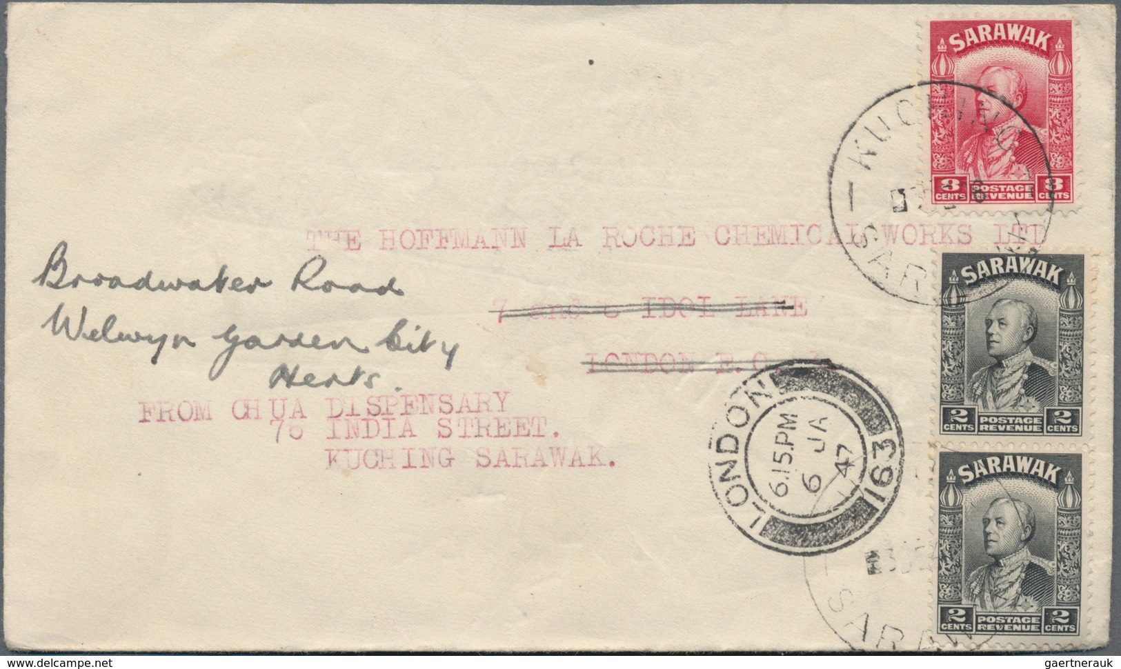 Malaiische Staaten - Sarawak: 1929/48, Covers (5) Mostly Airmail To UK/USA, FDC 1947/53 (5) Inc. 1 C - Autres & Non Classés