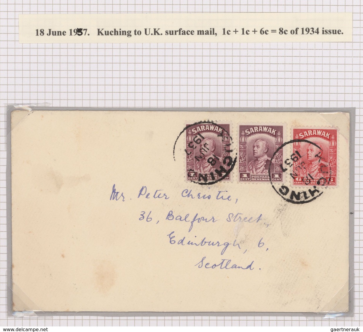 Malaiische Staaten - Sarawak: 1934, seven covers with different frankings to Europe. As there are fo