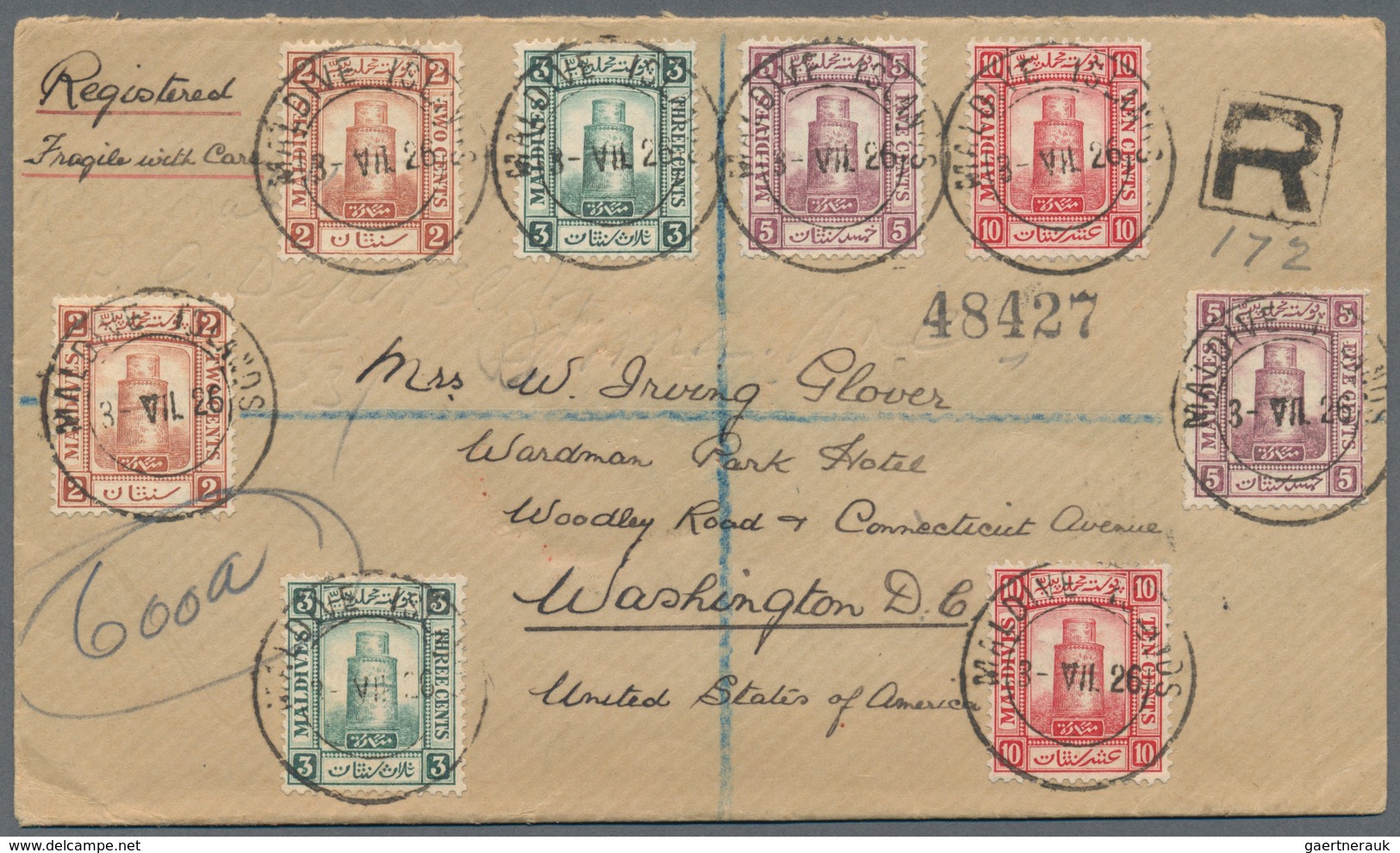 Malediven: 1907/58, Covers (10) Mostly To India Inc. Registration And Air Mail, Also Inc. Two Forces - Malediven (1965-...)