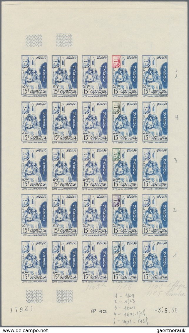 Marokko: 1949/1956, IMPERFORATE COLOUR PROOFS, MNH Assortment Of Ten Complete Sheets (=250 Proofs), - Cartas & Documentos