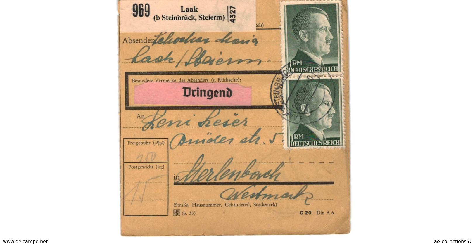 Colis Postal  -  De Laak ( Steinbrück , Steierm )  -  24-3-43 - Briefe U. Dokumente