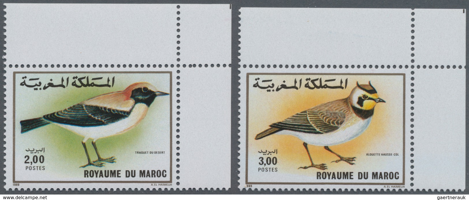 Marokko: 1989, Birds Complete Set Of Two 2.00dh. ‚Oenanthe Deserti‘ And 3.00dh. ‚Eremophila Alpestri - Covers & Documents