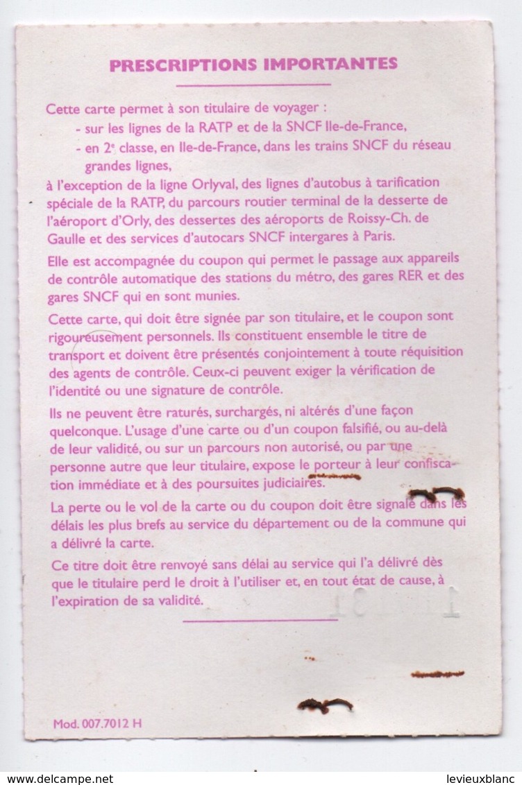 Carte Amethyste /RATP - SNCF /Gratuité/ Garches/ 2éme Classe/Taverne. 2002       AEC178 - Autres & Non Classés